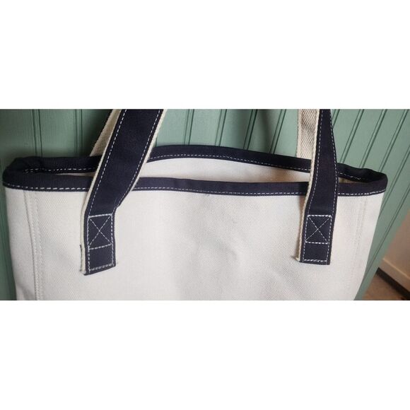 Lands End Canvas Tote 14x15x5‎ White Bag Tan Blue Logo & Trim Shopper Beach EUC - Picture 8 of 8